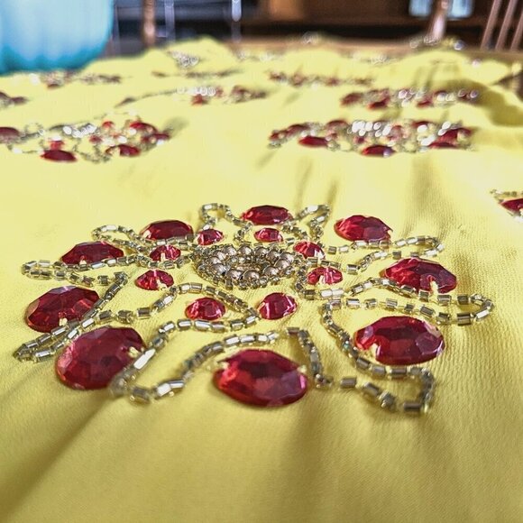 NWT Asos VIRGOS LOUNGE Daria Yellow Red Asymmetrical Embellished Midi Dress Sz 6 - Picture 5 of 10